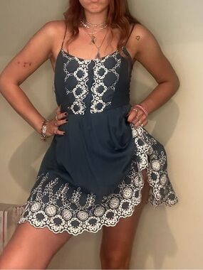 Guess Navy Blue Mini Dress with White Eyelet Embroidery